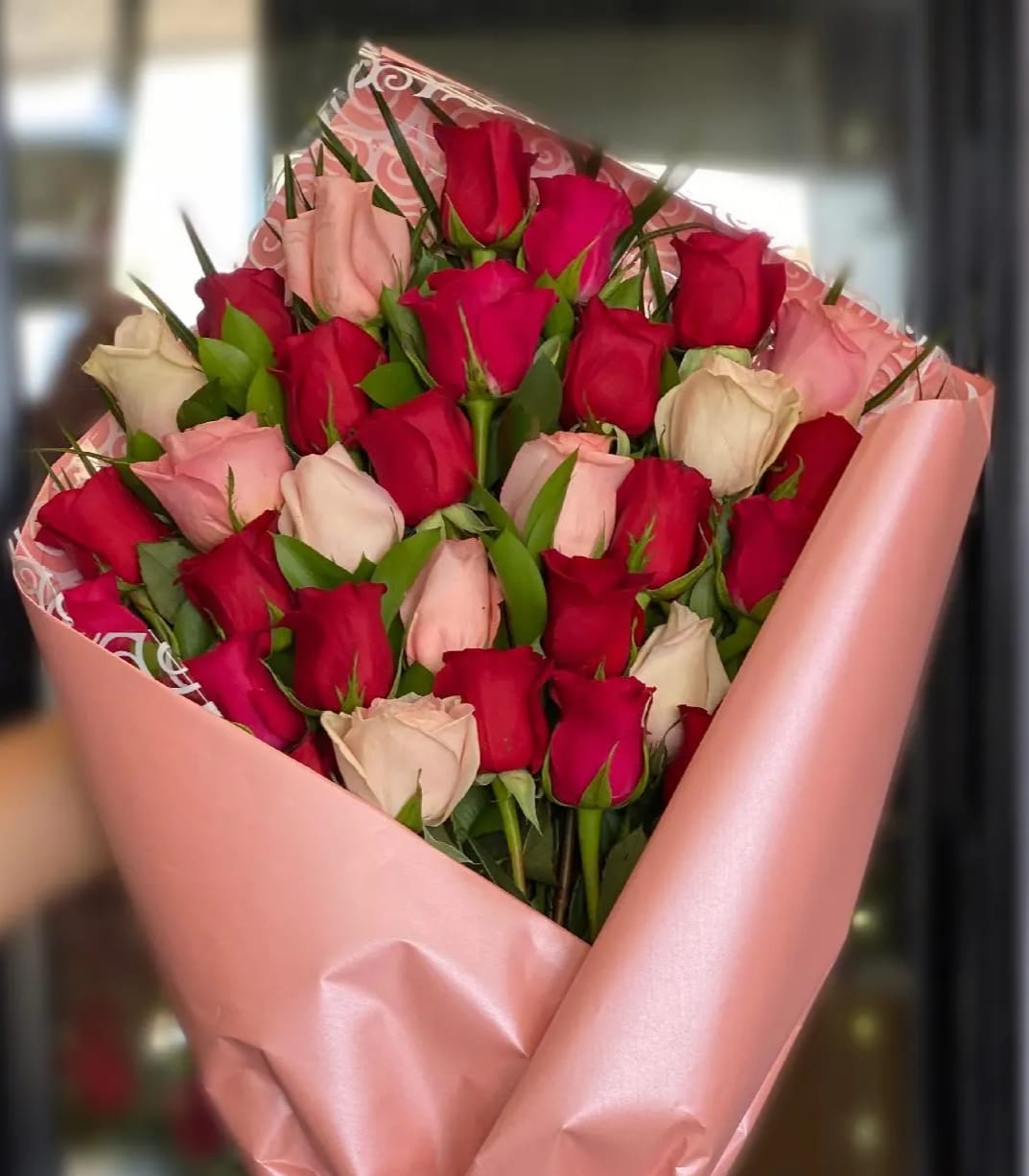Pink, White and Red Roses - Wrapped or Vase Arrangements
