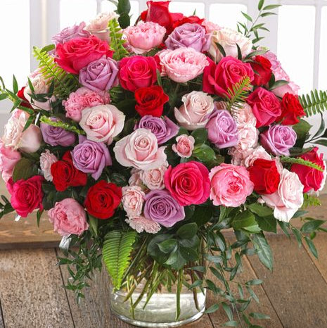 Purple, Pink and Red Roses  - Wrapped or Vase Arrangements