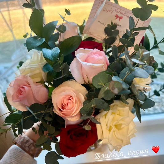 Pink, White and Red Roses  - Wrapped or Vase Arrangements