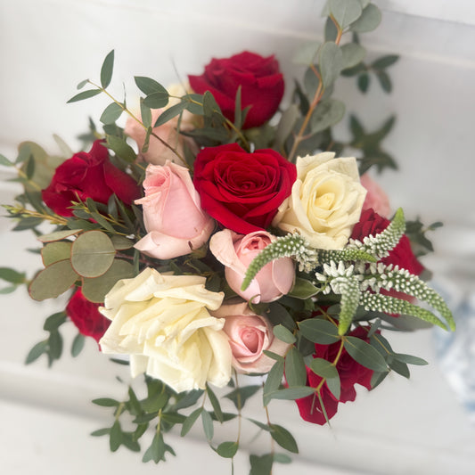 Pink, White and Red Roses  - Wrapped or Vase Arrangements