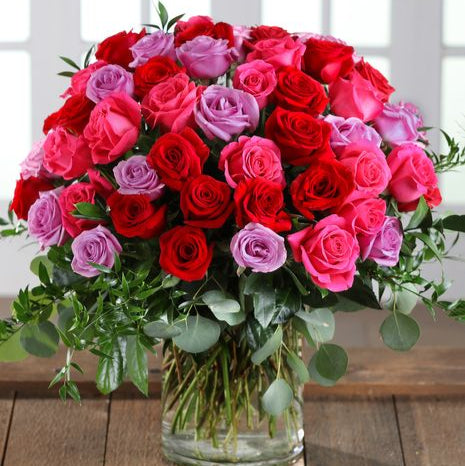 Purple, Pink and Red Roses  - Wrapped or Vase Arrangements
